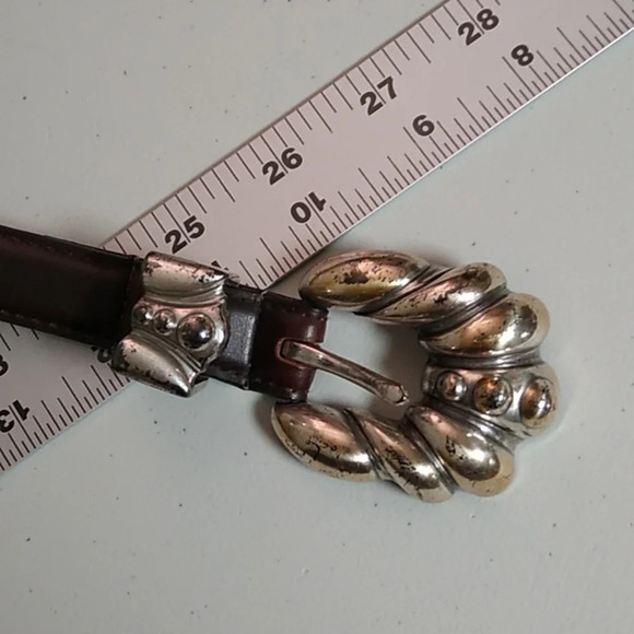 BROWN SEWN EDGE, GENUINE LEATHER 3/4" HEAVY SILVER BUCKLE & TIP END VINTAGE 1995 - Picture 3 of 8
